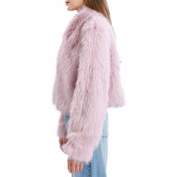 Women's Faux Fur Zip-Up Cropped Jacket Long Sleeve Warm Winter Coat Pink - Picture 2 of 5